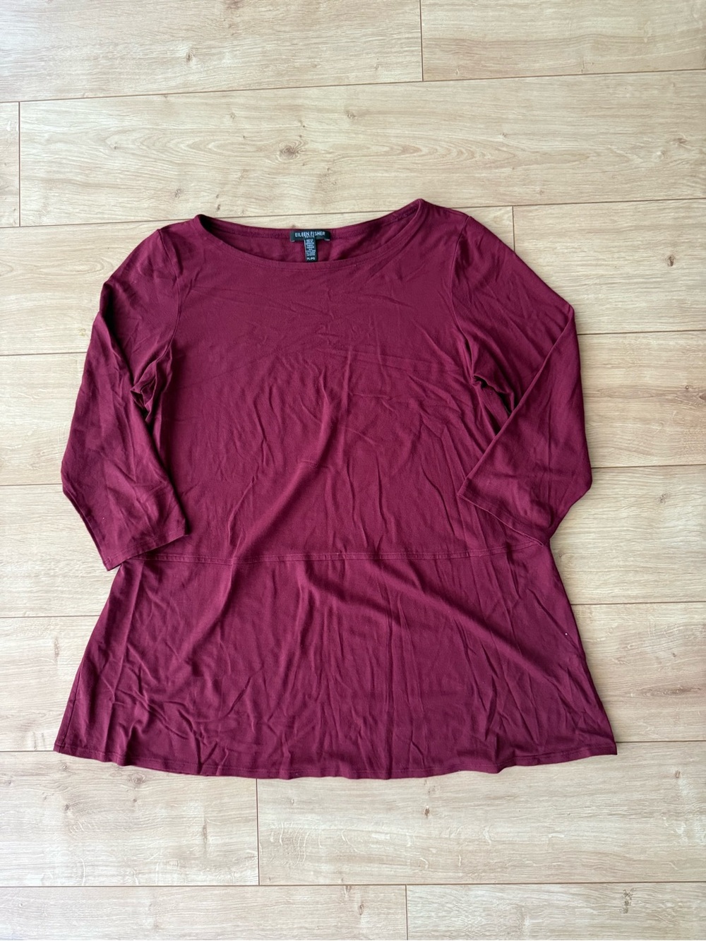 Eileen Fisher Petite Large Burgundy Viscose Blend 3/4 Sleeve Tunic Top Stretch